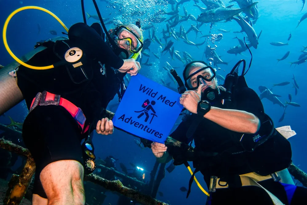Wild Med divers holding their flag underwater
